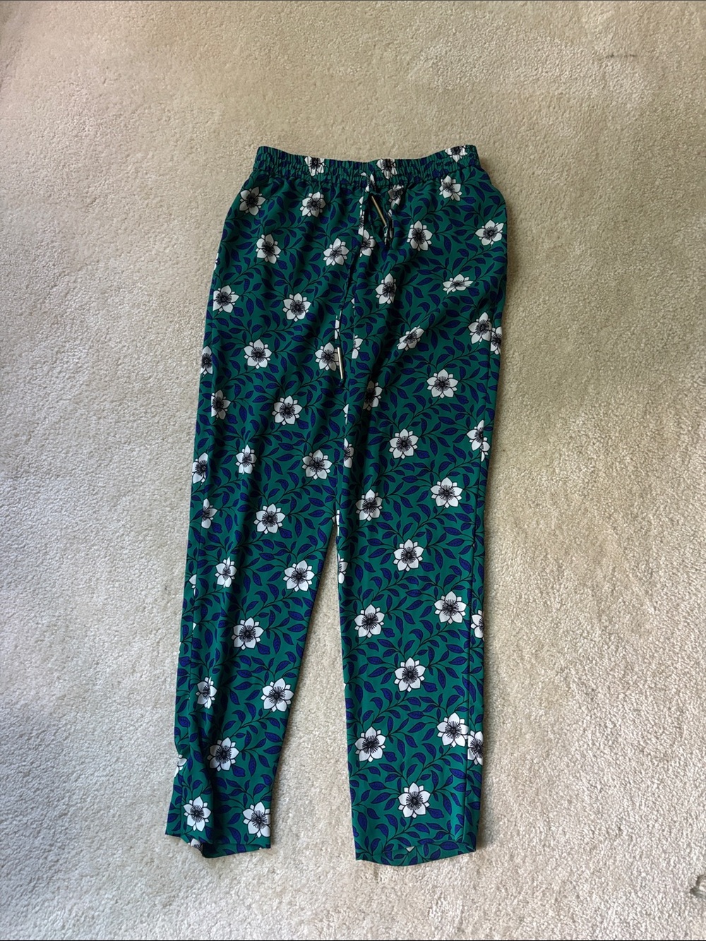 Diane Von Furstenberg Teal Green Floral Drawstring Track Pants